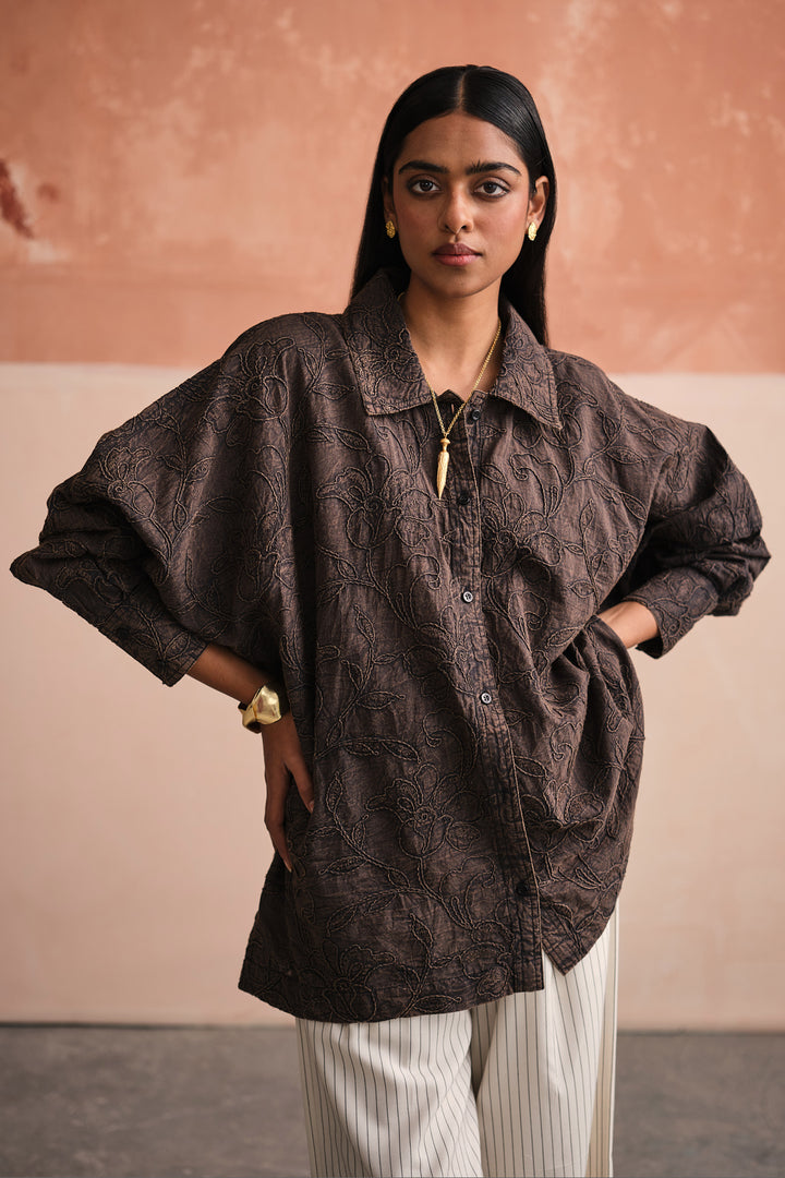 STONED BLACK OVERSIZED SHIRT-EMBROIDERED