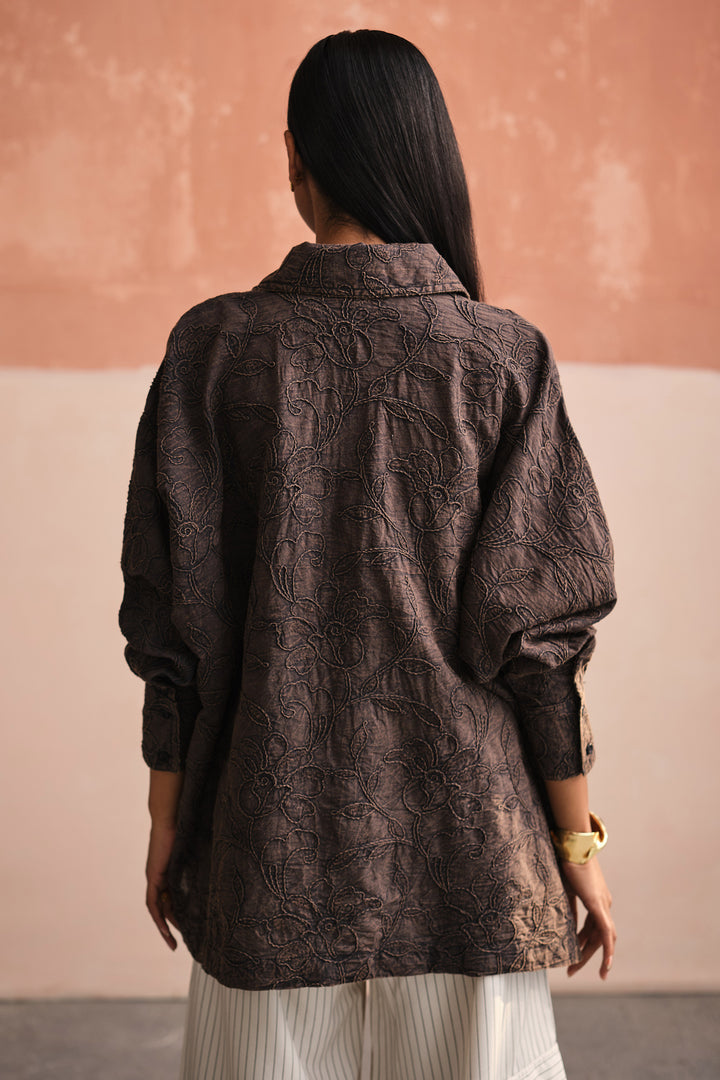 STONED BLACK OVERSIZED SHIRT-EMBROIDERED